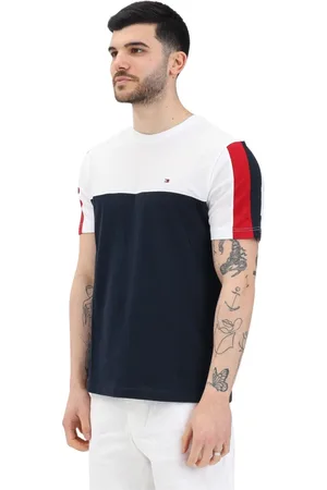 Tommy Hilfiger Top, Herre, Sort, L, Bomuld, Farveblok T-shirt Hvid Blå