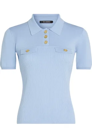Karl Lagerfeld Top, Dame, Blå, M, Uld, Lys gråblå polo shirt med guld farvede knapper