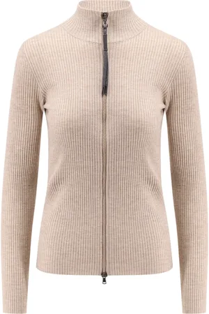 Brunello Cucinelli Strik, Dame, Lyserød, S, Polyester, Luksuriøs lynlås cardigan med Monile detalje