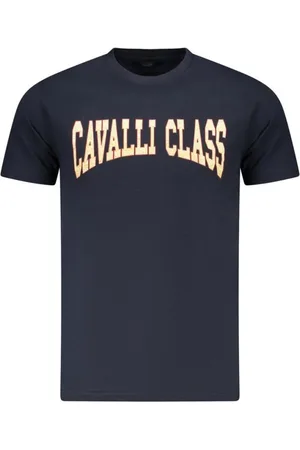 Roberto Cavalli Top, Herre, Blå, L, Bomuld, Blå Signatur Print Crew Neck T-Shirt