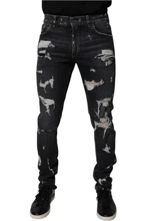 Dolce & Gabbana Jeans, Herre, Blå, M, Denim, Sort Tattered Skinny Denim Jeans med Logo