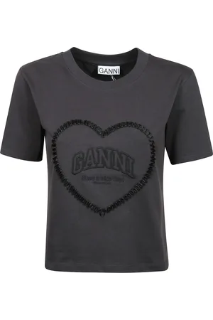 Ganni Top, Dame, Sort, XS, Bomuld, Sort Bomuld T-shirt med Broderet Hjerte