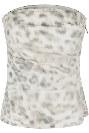 ROTATE Top, Dame, Hvid, 2XS, Denim, Leopard Print Denim Draperet Top
