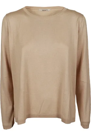 KANGRA CASHMERE Strik, Dame, Brun, XS, Cashmere, Beige silke og cashmere rund hals sweater
