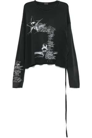 ANN DEMEULEMEESTER Top, Herre, Sort, M, Uld, Sort Crew Neck Langærmet T-shirt