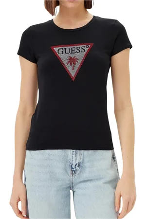 Guess Top, Dame, Sort, XS, Bomuld, Trekantet Rhinsten Kortærmet T-shirt