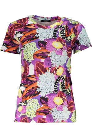 Roberto Cavalli Top, Dame, Lilla, XS, Uld, Mønstret T-shirt med bred halsudskæring