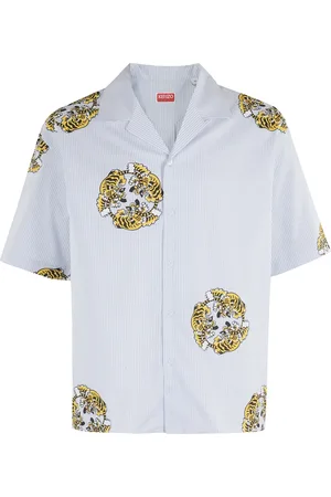 Kenzo Skjorte, Herre, Flerfarvet, S, Bomuld, Stribet hawaiiansk skjorte med tigerprint