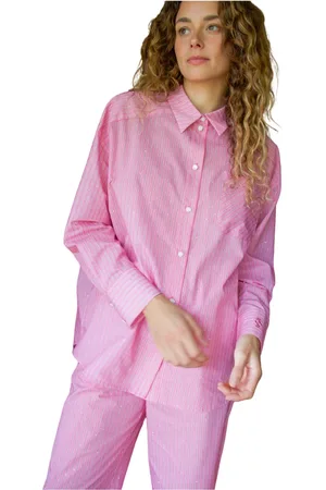 Crās Bluser & Skjorter, Dame, Lyserød, M, Bomuld, Stribet Oversized Skjorte med Glitrende Sten