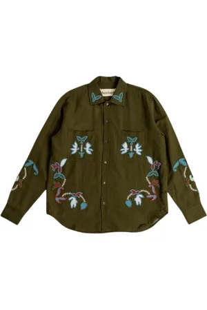 Baziszt Bluser & Skjorter, Dame, Grøn, M, Bomuld, Khaki Broderede Perler Skjorte Rouat