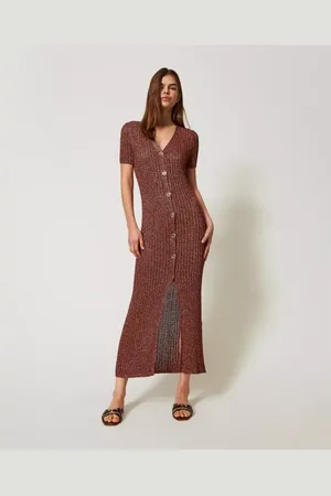 Twin-Set Kjole, Dame, Brun, M, Polyester, Perforeret Strik Kjole med Lurex