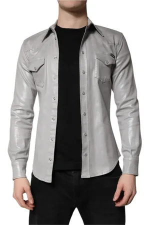 Dolce & Gabbana Skjorte, Herre, Grå, S, Bomuld, Metallic Grå Button Down Skjorte med Logo