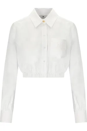 Elisabetta Franchi Bluser & Skjorter, Dame, Hvid, L, Uld, Hvid Cropped Skjorte med Guld Detaljer