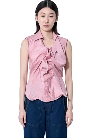 Vivienne Westwood Top, Dame, Lyserød, M, Stribet knap-ned skjorte med logo broderi