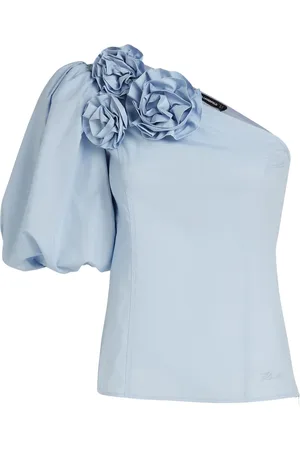Karl Lagerfeld Bluser & Skjorter, Dame, Blå, M, Bomuld, Asymmetrisk designbluse med blomsterdekoration