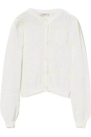 Twin-Set Strik, Dame, Hvid, S, Bomuld, Diagonal Strik Cardigan med Hæklet Knapper