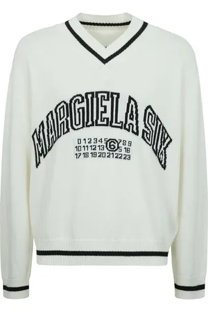 Maison Margiela Strik, Herre, Hvid, XL, Bomuld, Oversized Sweater med Spids Halsudskæring