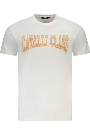 Roberto Cavalli Top, Herre, Hvid, L, Bomuld, Luksuriøs T-shirt med Fedt Print