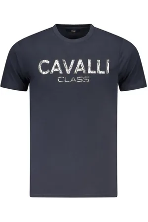 Roberto Cavalli Top, Herre, Blå, L, Bomuld, T-shirt med fedt print