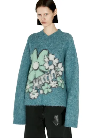 MARTINE ROSE Strik, Dame, Blå, M, Uld, Grafisk Jacquard V-hals Sweater