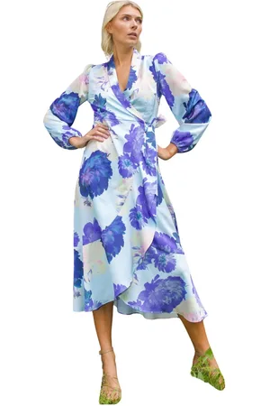 Crās Kjole, Dame, Blå, XL, Polyester, Wrap Kjole med Flæse Kant