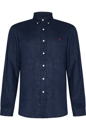 Ralph Lauren Skjorte, Herre, Blå, M, Linned, Blå Linned Skjorte med Knapper