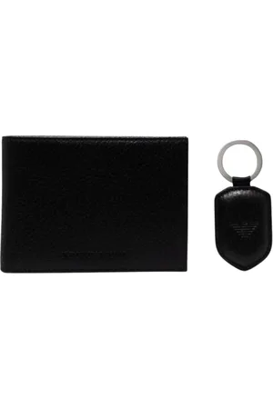 Emporio Armani Tilbehør, Herre, Sort, ONE SIZE, Læder, Sort Læder Pung Nøglering Sæt