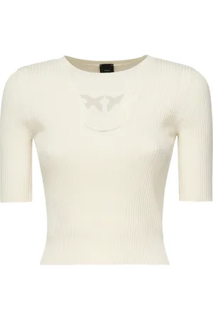 Pinko Strik, Dame, , L, Bomuld, Hvid Kortærmet Ribstrikket Sweater Love Birds