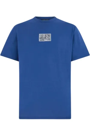 Roberto Cavalli Top, Herre, Blå, S, Dyretryk Crew-neck T-shirt med Jaguar og Tiger Hud