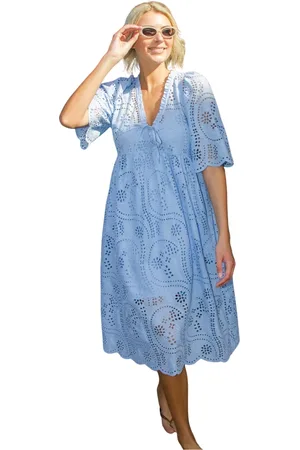 Crās Kjole, Dame, Blå, XS, Bomuld, Gennemsigtig Broderie Anglaise Kjole
