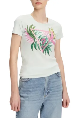 Guess Top, Dame, Grøn, XS, Bomuld, Blad Trekant Tee Grøn Rund Hals