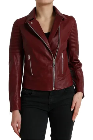 Dolce & Gabbana Jakke, Dame, Rød, XS, Læder, Bordeaux Biker Læderjakke