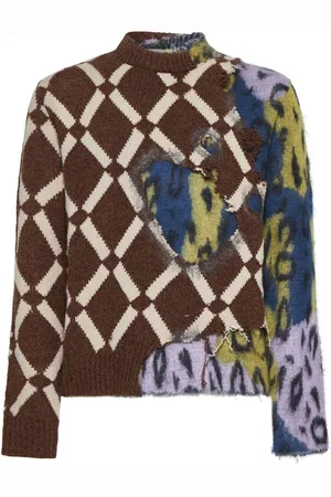 Marni Strik, Herre, Flerfarvet, M, Uld, Color-Block Sweater med diamant- og leoparddesign