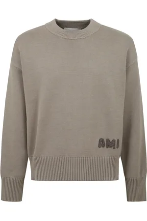 Ami Strik, Herre, Grå, XL, Bomuld, Bomuld og uld rund hals sweater med broderet logo