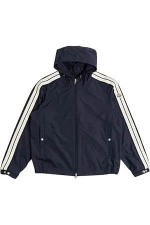 Moncler Jakke, Herre, Blå, XL, Uld, Hættet vindjakke med strikkede striber