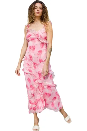 Crās Kjole, Dame, Lyserød, 2XL, Polyester, Blomstret Maxikjole med Flæser