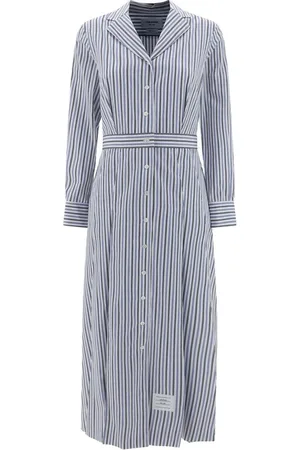 Thom Browne Kjole, Dame, Blå, S, Stribet Ruffle Chemisier Kjole