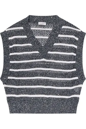Brunello Cucinelli Strik, Dame, Grå, L, Linned, Paillet V-hals Ærmeløs Linned Sweater