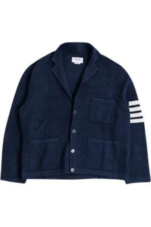 Thom Browne Strik, Dame, Blå, M, Bomuld, Blå Strikket Cardigan med Hvide Striber