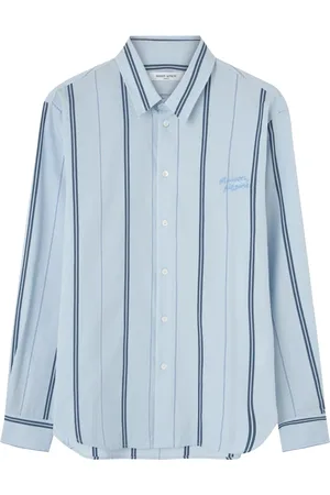 Maison Kitsuné Skjorte, Herre, Blå, XL, Uld, Stribet logo skjorte i blå