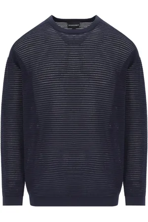 Emporio Armani Strik, Herre, Blå, L, Bomuld, Navy Crewneck Jumper med Micro Perforated Mønster