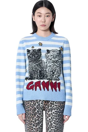 Ganni Strik, Dame, Blå, S, Uld, Grafisk Uld-Bluse