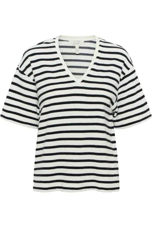 Part Two Top, Dame, Sort, S, Uld, Stribet T-shirt med V-udskæring
