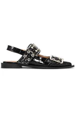Ganni Sko, Dame, Sort, 38 EU, Læder, Sort Croco Patent Ballerina Sko