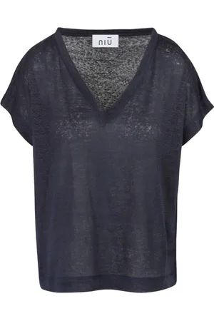 NIŪ Top, Dame, Blå, S, Linned, Linned V-hals T-shirt