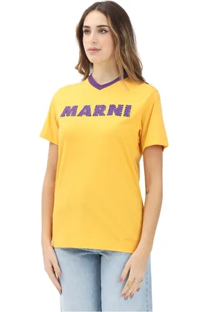 Marni Top, Dame, Gul, XS, Bomuld, Gul V-hals T-shirt med lilla logo