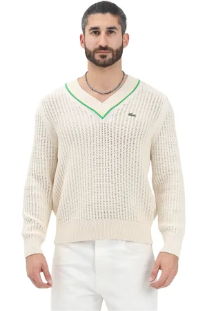 Lacoste Strik, Herre, , M, Uld, Creme V-hals Sweater Sommerkollektion