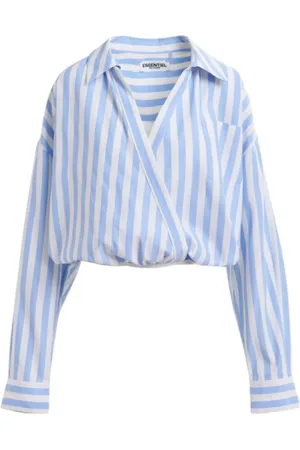 Essentiel Antwerp Bluser & Skjorter, Dame, Blå, M, Bomuld, Stribet wrap-bluse med dyb V-udskæring