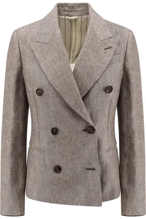 Brunello Cucinelli Jakke, Dame, Brun, 2XS, Linned, Dobbeltbrystet hamp og linned blazer