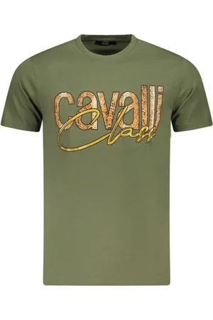 Roberto Cavalli Top, Herre, Grøn, 2XL, Bomuld, Elegant Crewneck T-shirt med fængslende print